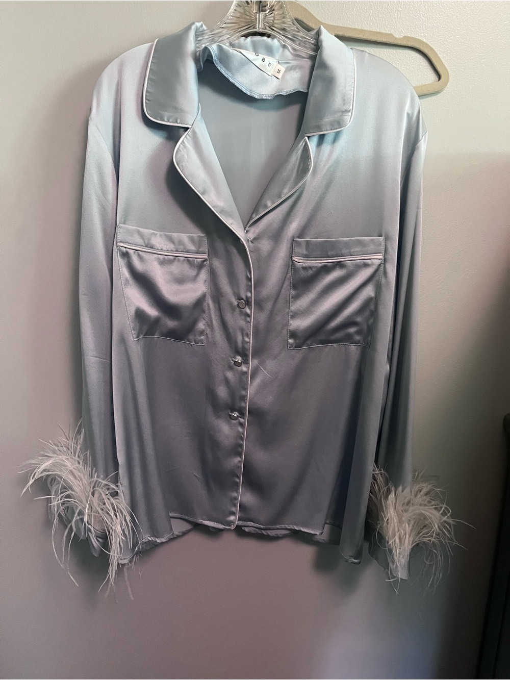 Feather Cuff Satin Pajama Set - Light Blue